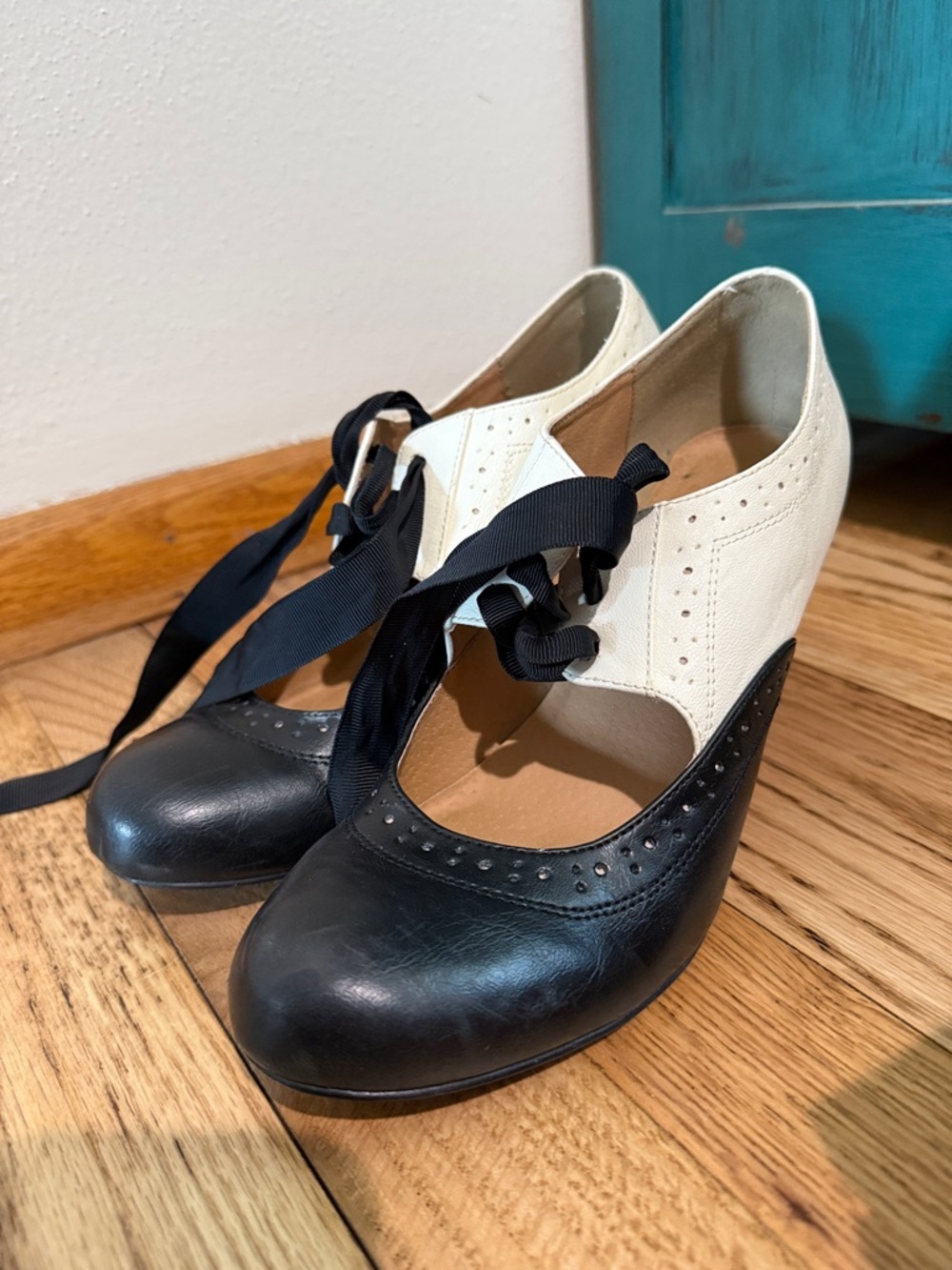 chelsea crew Black and Cream Lace-Up Heels - Picture 2 of 4